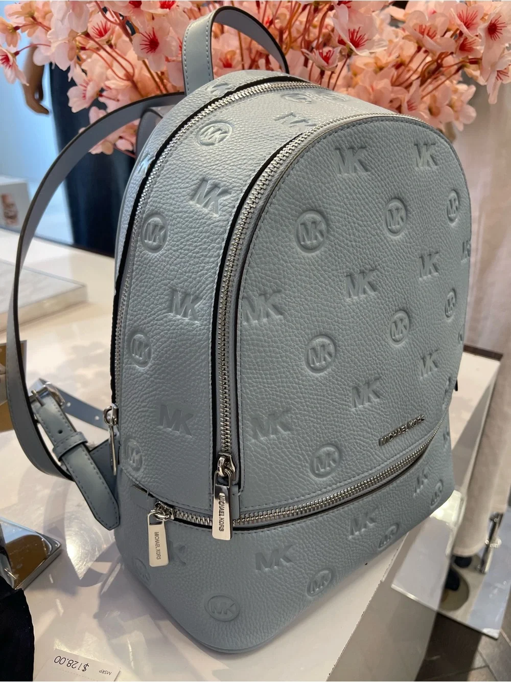 Michael Kors Rhea Medium Zip Logo Debossed Backpack Pale Ocean NWT